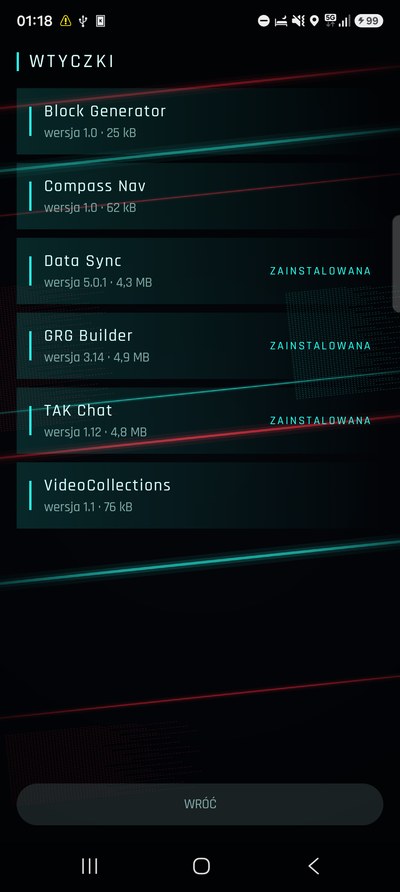 Lista wtyczek do wybranego wydania ATAK-a.