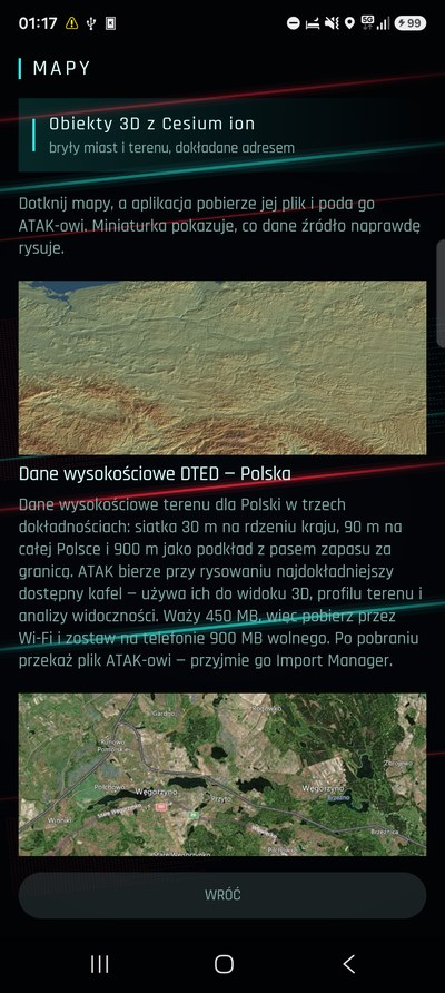 Ekran map z miniaturą podkładu i opisem danych DTED.