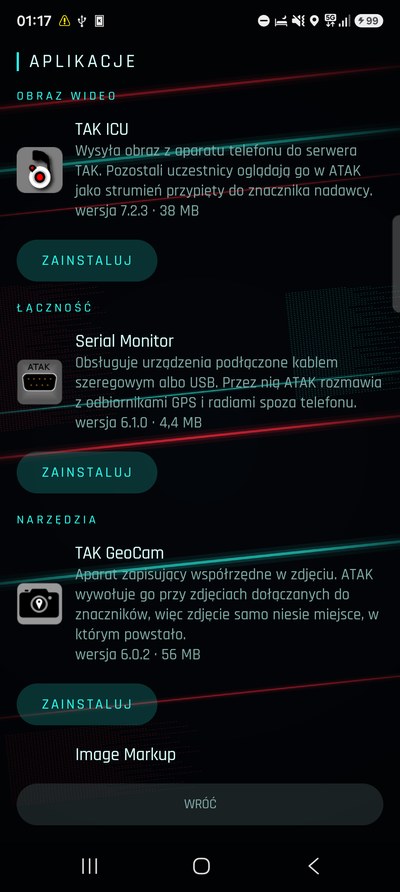Lista aplikacji towarzyszących z opisami i rozmiarami.