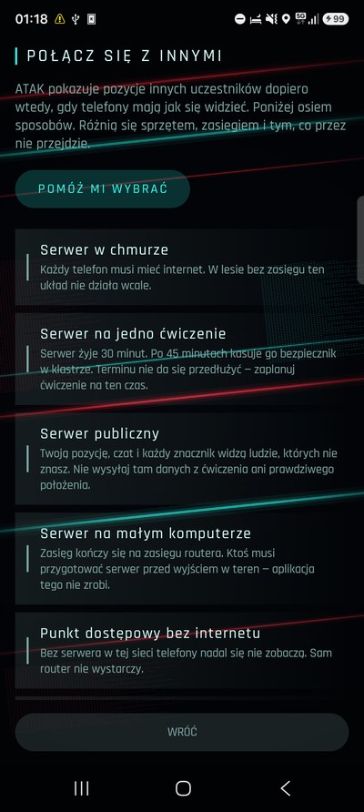Ekran „Połącz się z innymi” z listą sposobów łączenia i ich granicami.