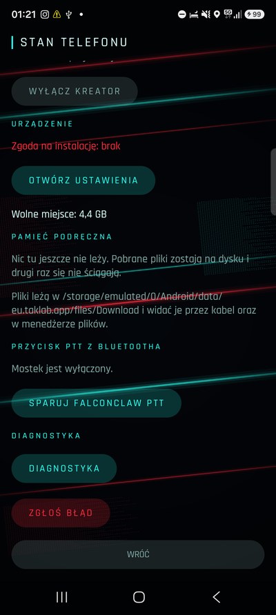 Ekran diagnostyki z wynikami sprawdzeń.