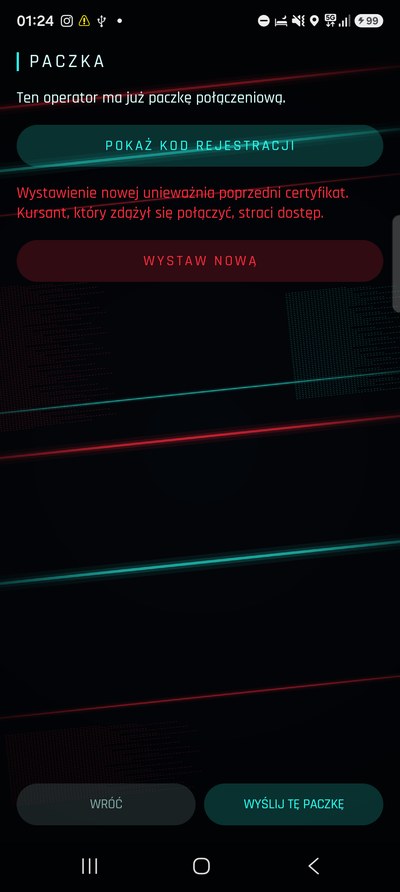 Ekran paczki połączeniowej z ostrzeżeniem o wystawieniu nowej.